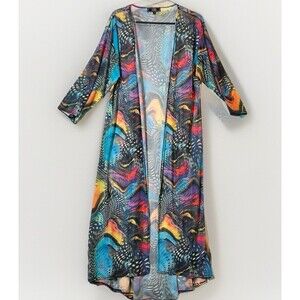 Lucky & Blessed Long Duster Kimono M 54" Rainbow Boho Festival Cardigan Rave